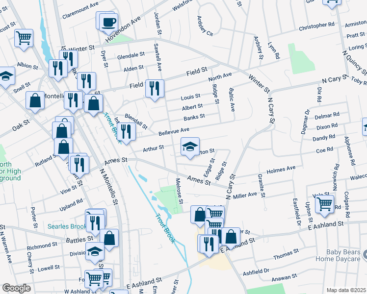 map of restaurants, bars, coffee shops, grocery stores, and more near 118 Arthur Street in Brockton