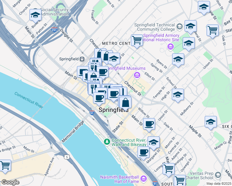 map of restaurants, bars, coffee shops, grocery stores, and more near 1383 Main Street in Springfield
