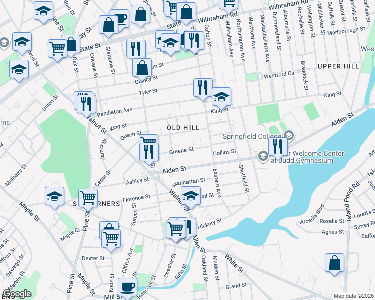 map of restaurants, bars, coffee shops, grocery stores, and more near 82 Greene Street in Springfield