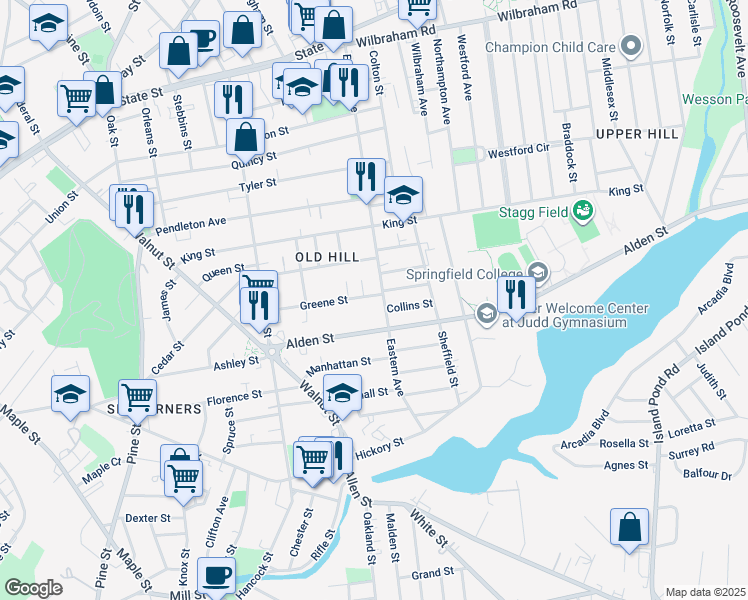 map of restaurants, bars, coffee shops, grocery stores, and more near 125 Greene Street in Springfield