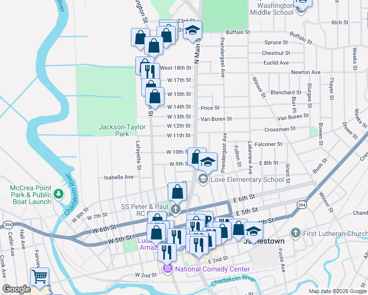 map of restaurants, bars, coffee shops, grocery stores, and more near 11 West 11th Street in Jamestown