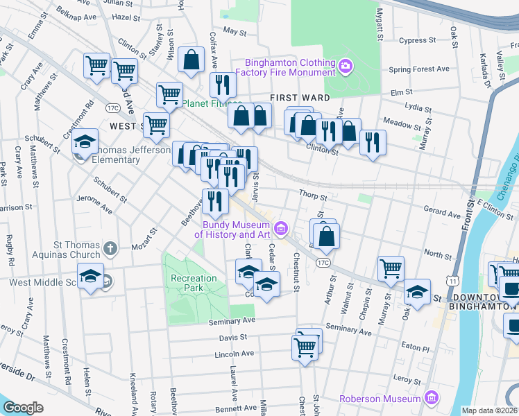 map of restaurants, bars, coffee shops, grocery stores, and more near 4-6 Balcom Avenue in Binghamton