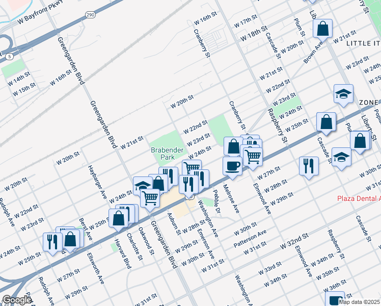 map of restaurants, bars, coffee shops, grocery stores, and more near 1364 West 24th Street in Erie