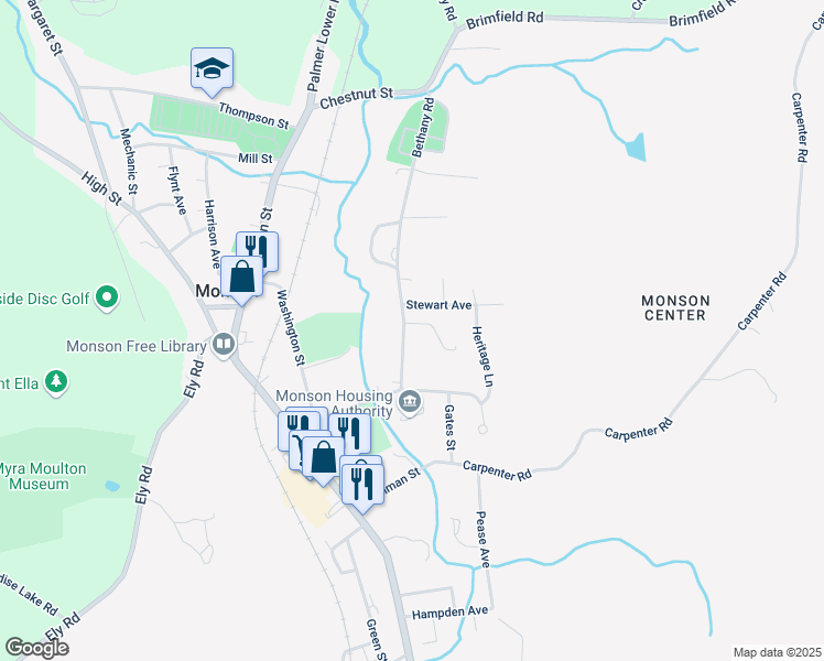 map of restaurants, bars, coffee shops, grocery stores, and more near 19 Bethany Road in Monson