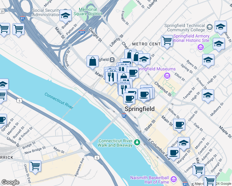 map of restaurants, bars, coffee shops, grocery stores, and more near 1550 Main Street in Springfield