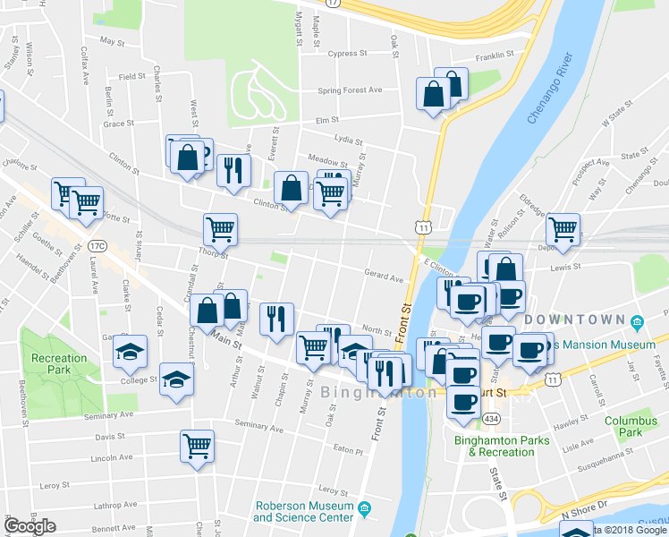 map of restaurants, bars, coffee shops, grocery stores, and more near 155 Murray Street in Binghamton