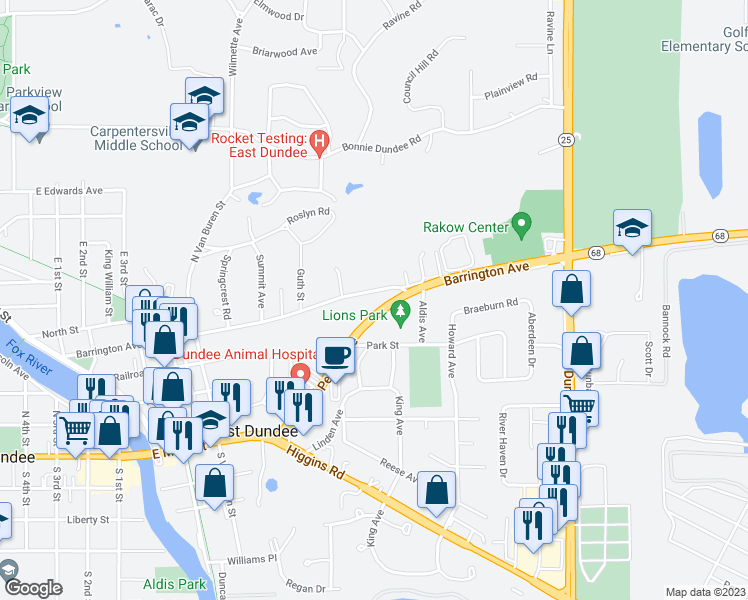 map of restaurants, bars, coffee shops, grocery stores, and more near 528 Barrington Avenue in East Dundee