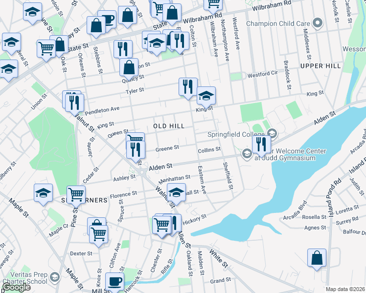map of restaurants, bars, coffee shops, grocery stores, and more near 20 Monson Avenue in Springfield