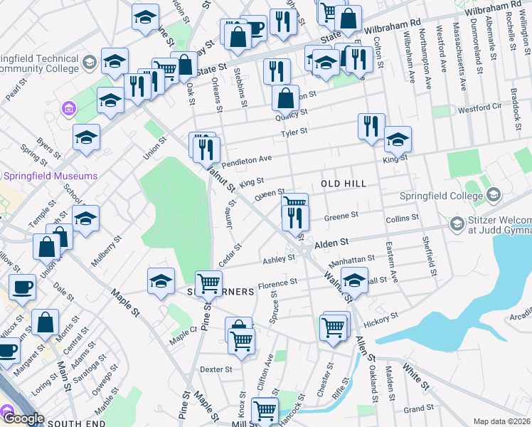 map of restaurants, bars, coffee shops, grocery stores, and more near 219-217 Walnut Street in Springfield
