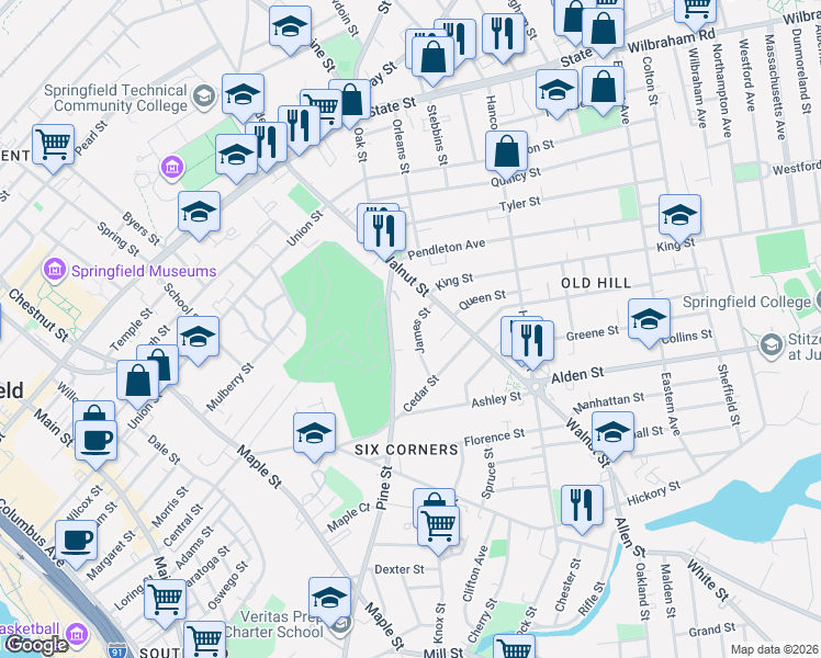 map of restaurants, bars, coffee shops, grocery stores, and more near 14 James Street in Springfield