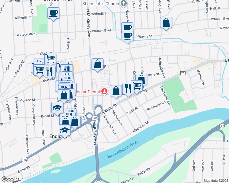 map of restaurants, bars, coffee shops, grocery stores, and more near 34 Arthur Avenue in Endicott