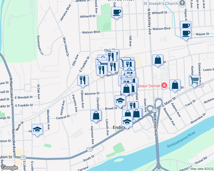 map of restaurants, bars, coffee shops, grocery stores, and more near 9 Lincoln Avenue in Endicott