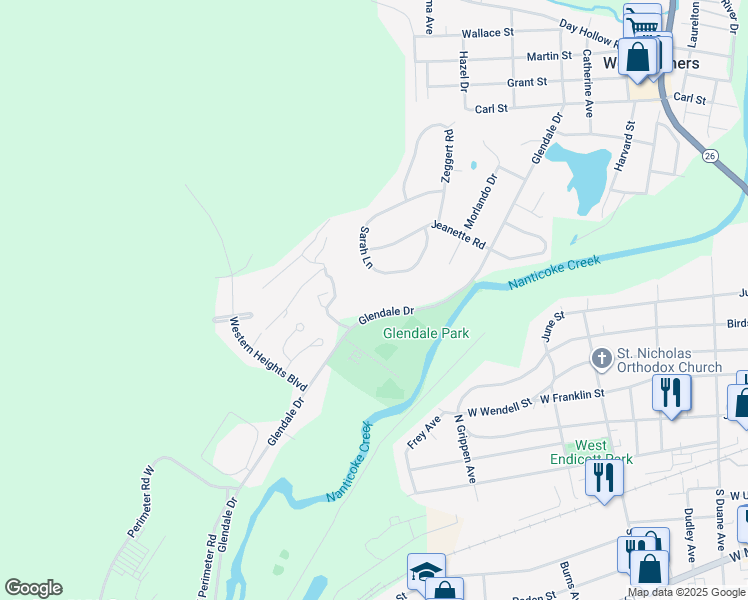 map of restaurants, bars, coffee shops, grocery stores, and more near 1026 Sarah Lane in Endicott