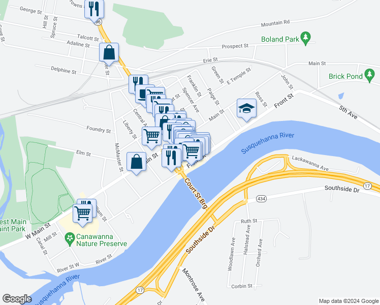 map of restaurants, bars, coffee shops, grocery stores, and more near in Owego