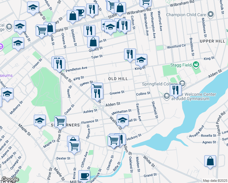 map of restaurants, bars, coffee shops, grocery stores, and more near 58 Greene Street in Springfield