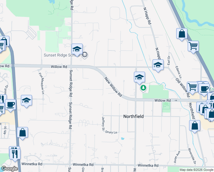 map of restaurants, bars, coffee shops, grocery stores, and more near 2170 New Willow Road in Northfield