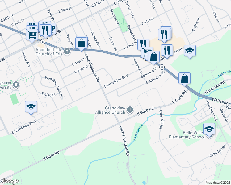 map of restaurants, bars, coffee shops, grocery stores, and more near 1036 Belleview Dr in Erie