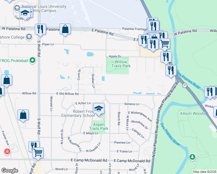 map of restaurants, bars, coffee shops, grocery stores, and more near 802 East Old Willow Road in Prospect Heights