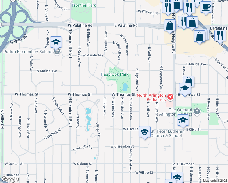 map of restaurants, bars, coffee shops, grocery stores, and more near 408 West Thomas Street in Arlington Heights