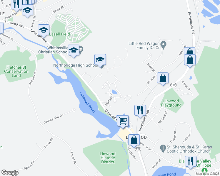 map of restaurants, bars, coffee shops, grocery stores, and more near 46 Heritage Drive in Northbridge