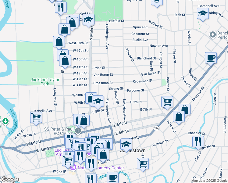 map of restaurants, bars, coffee shops, grocery stores, and more near 15 Strong Street in Jamestown