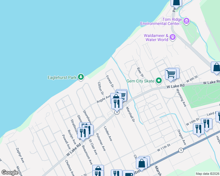 map of restaurants, bars, coffee shops, grocery stores, and more near 309 Forest Dr in Erie