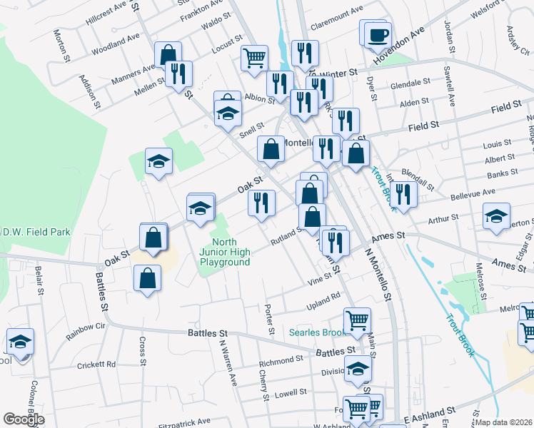 map of restaurants, bars, coffee shops, grocery stores, and more near 29 Herrod Avenue in Brockton