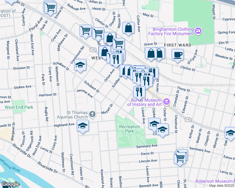map of restaurants, bars, coffee shops, grocery stores, and more near 35 Haendel Street in Binghamton