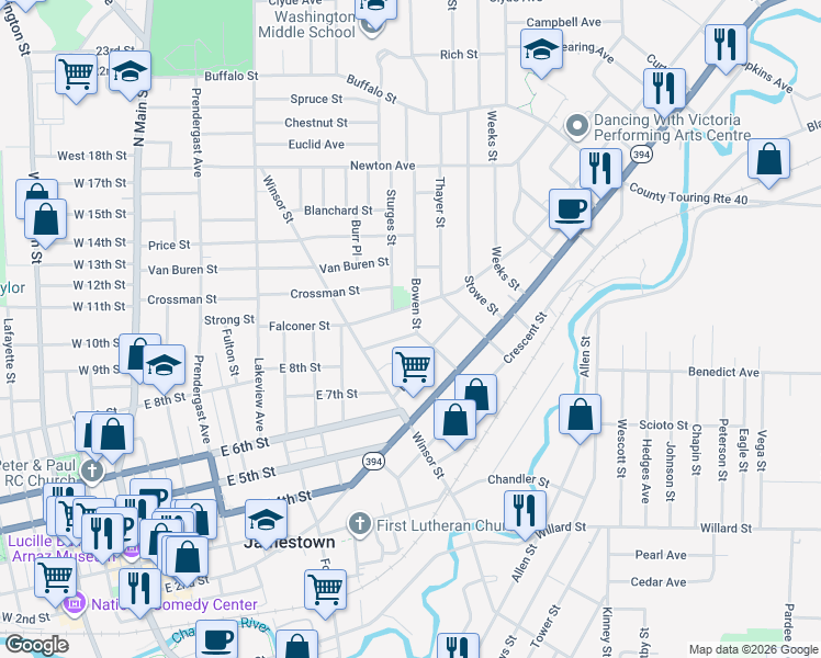 map of restaurants, bars, coffee shops, grocery stores, and more near 47 Bowen Street in Jamestown