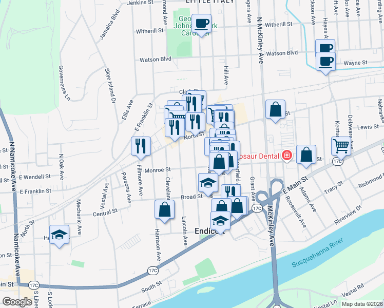map of restaurants, bars, coffee shops, grocery stores, and more near 9 Lincoln Avenue in Endicott