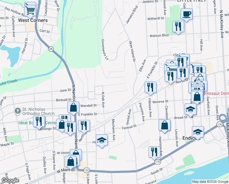 map of restaurants, bars, coffee shops, grocery stores, and more near 417 Groats Street in Endicott