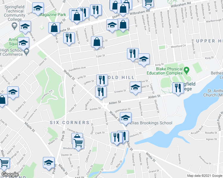 map of restaurants, bars, coffee shops, grocery stores, and more near 55 Nelson Avenue in Springfield