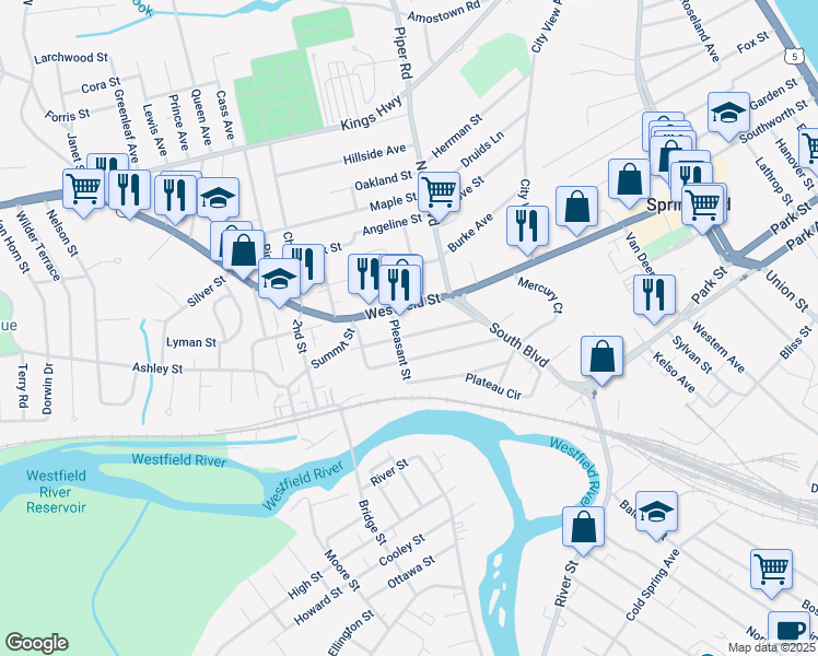 map of restaurants, bars, coffee shops, grocery stores, and more near 657 Westfield Street in West Springfield