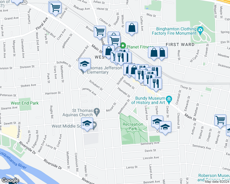 map of restaurants, bars, coffee shops, grocery stores, and more near 29 Schiller Street in Binghamton