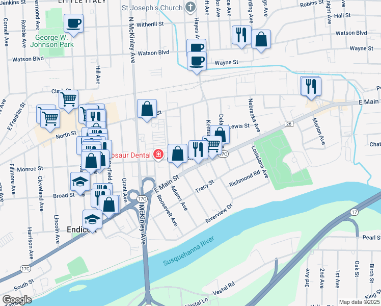 map of restaurants, bars, coffee shops, grocery stores, and more near 37 Jackson Avenue in Endicott