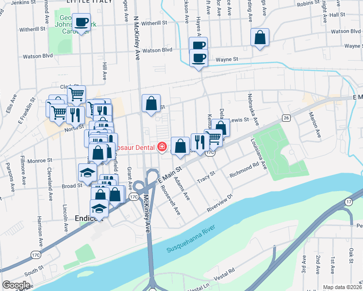 map of restaurants, bars, coffee shops, grocery stores, and more near 34 Arthur Avenue in Endicott