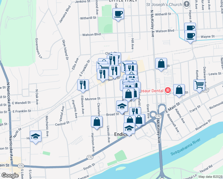 map of restaurants, bars, coffee shops, grocery stores, and more near 9 Lincoln Avenue in Endicott