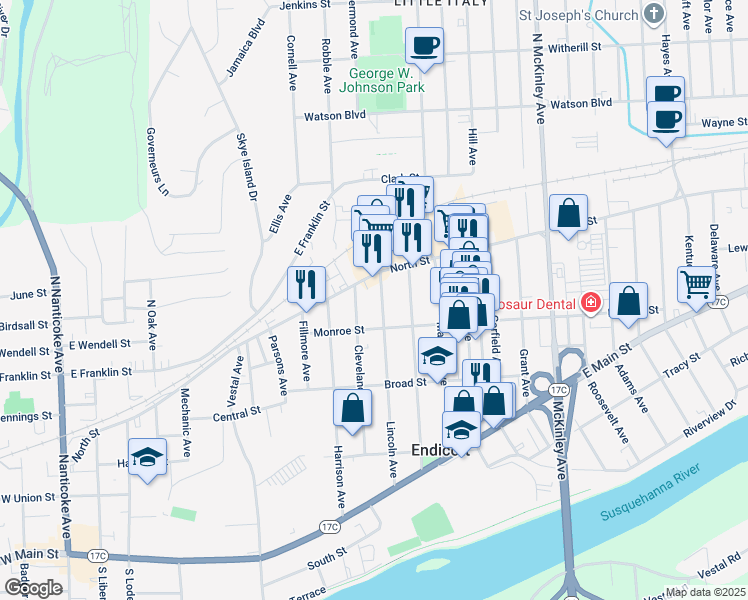map of restaurants, bars, coffee shops, grocery stores, and more near 9 Lincoln Avenue in Endicott