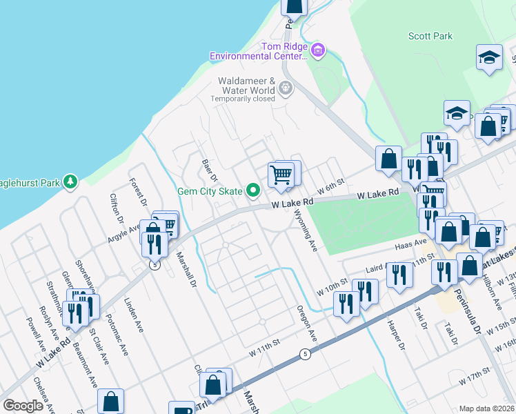 map of restaurants, bars, coffee shops, grocery stores, and more near 408 Oregon Avenue in Erie