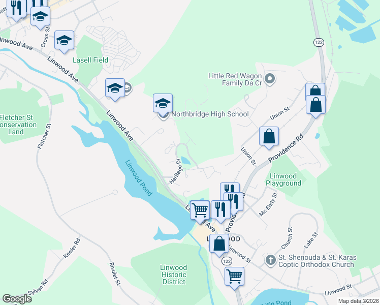 map of restaurants, bars, coffee shops, grocery stores, and more near 111 Heritage Drive in Northbridge