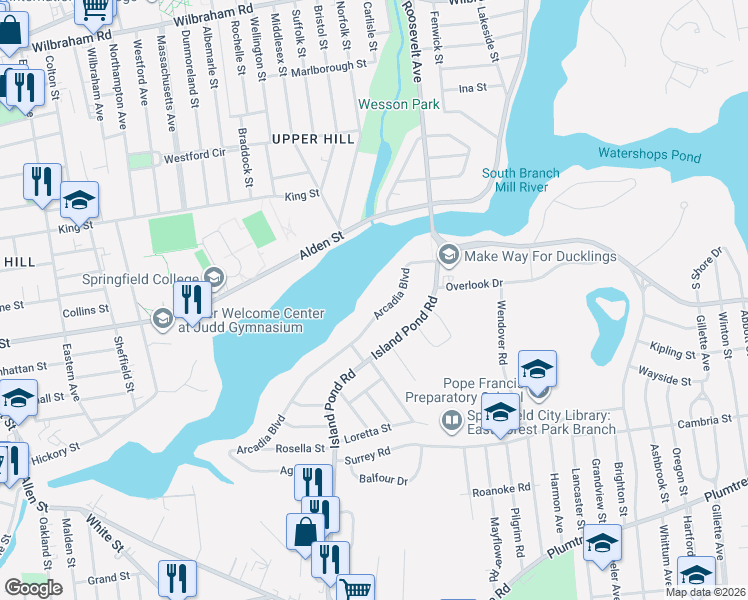map of restaurants, bars, coffee shops, grocery stores, and more near 264 Arcadia Boulevard in Springfield