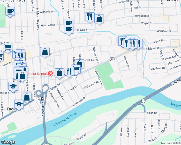 map of restaurants, bars, coffee shops, grocery stores, and more near 2301 East Main Street in Endwell