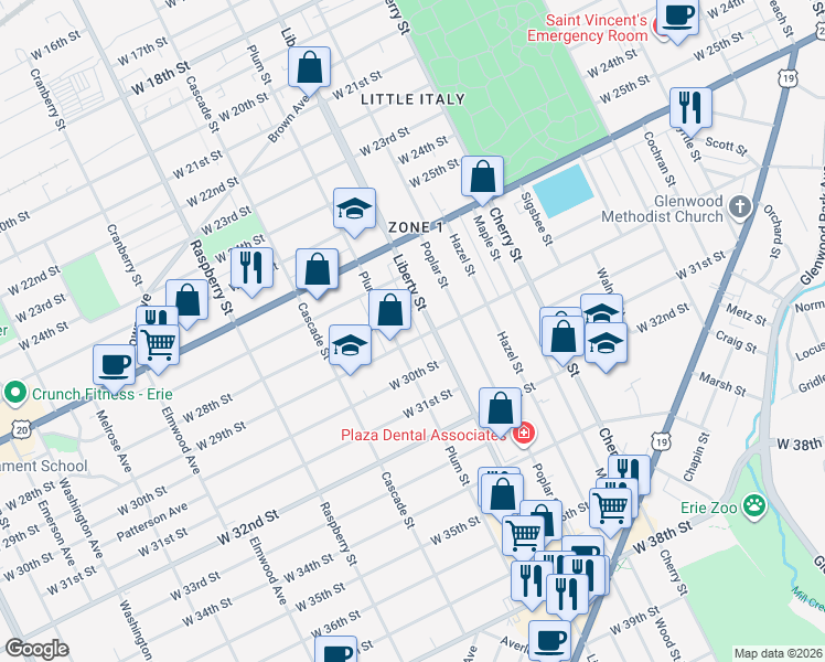 map of restaurants, bars, coffee shops, grocery stores, and more near 2814 Liberty Street in Erie
