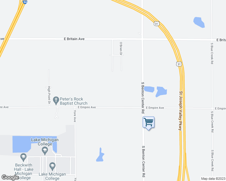 map of restaurants, bars, coffee shops, grocery stores, and more near 3089 East Empire Avenue in Benton Harbor