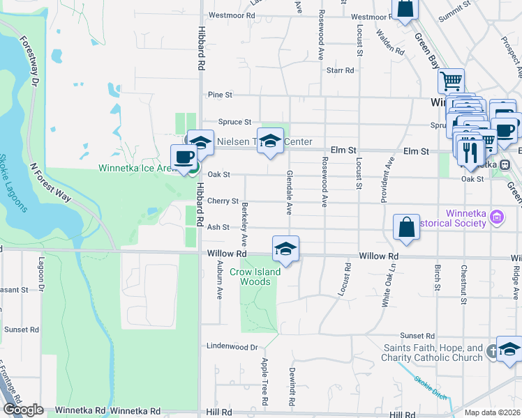 map of restaurants, bars, coffee shops, grocery stores, and more near 1182 Cherry Street in Winnetka