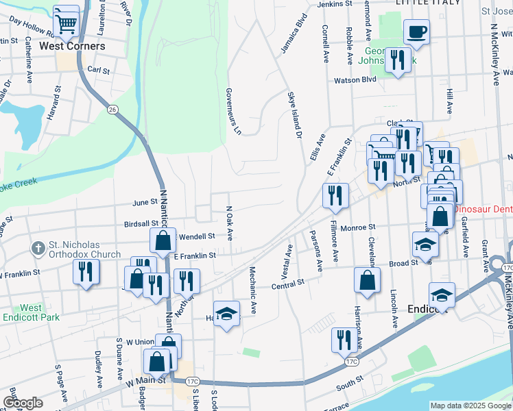 map of restaurants, bars, coffee shops, grocery stores, and more near 419 Groats Street in Endicott