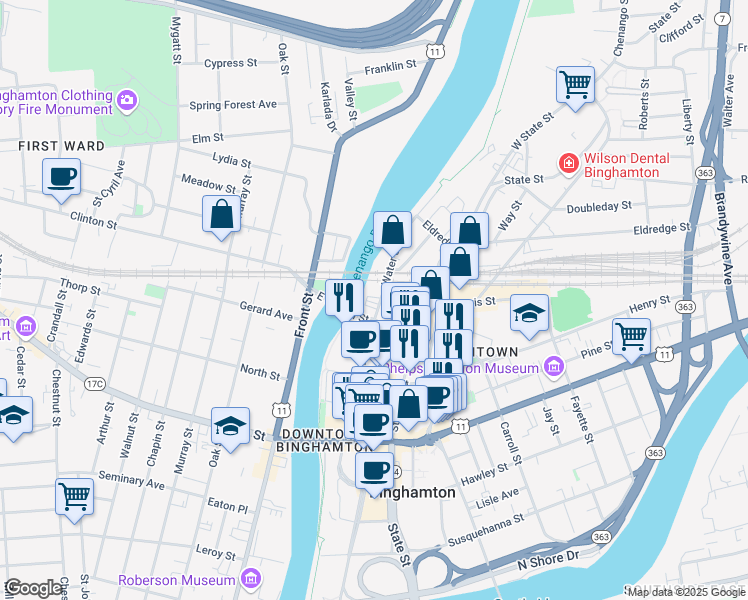 map of restaurants, bars, coffee shops, grocery stores, and more near 281 Water Street in Binghamton