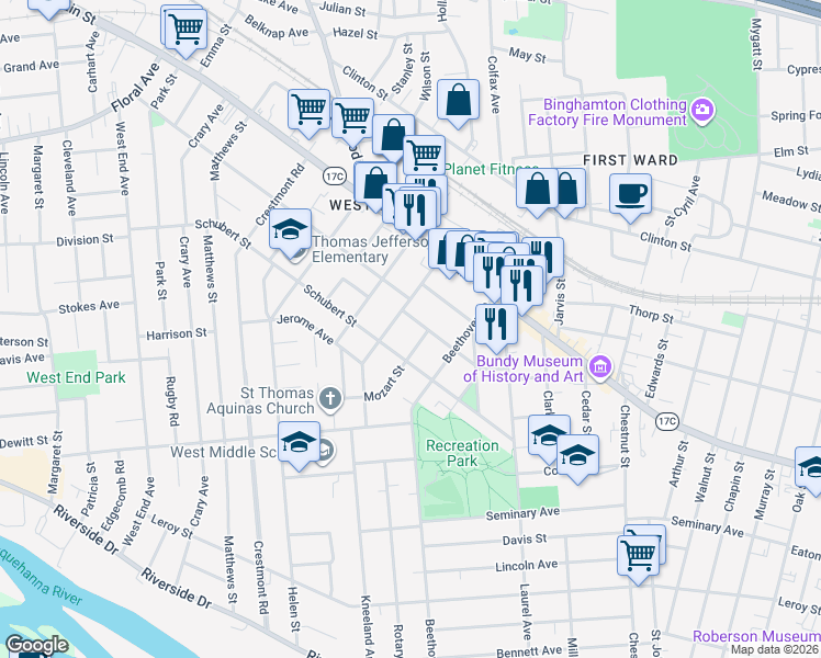 map of restaurants, bars, coffee shops, grocery stores, and more near 29 Schiller Street in Binghamton