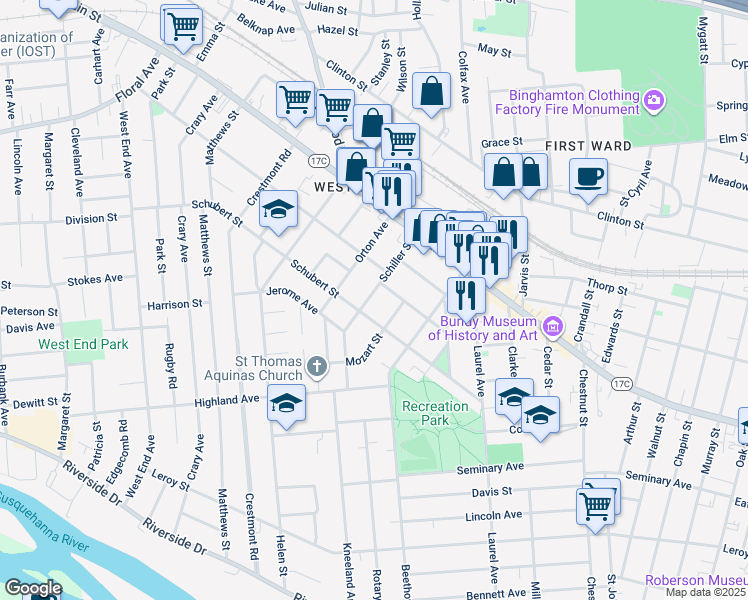 map of restaurants, bars, coffee shops, grocery stores, and more near 29 Schiller Street in Binghamton