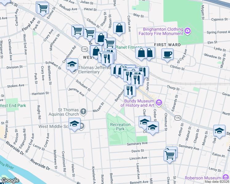 map of restaurants, bars, coffee shops, grocery stores, and more near 34 Haendel Street in Binghamton